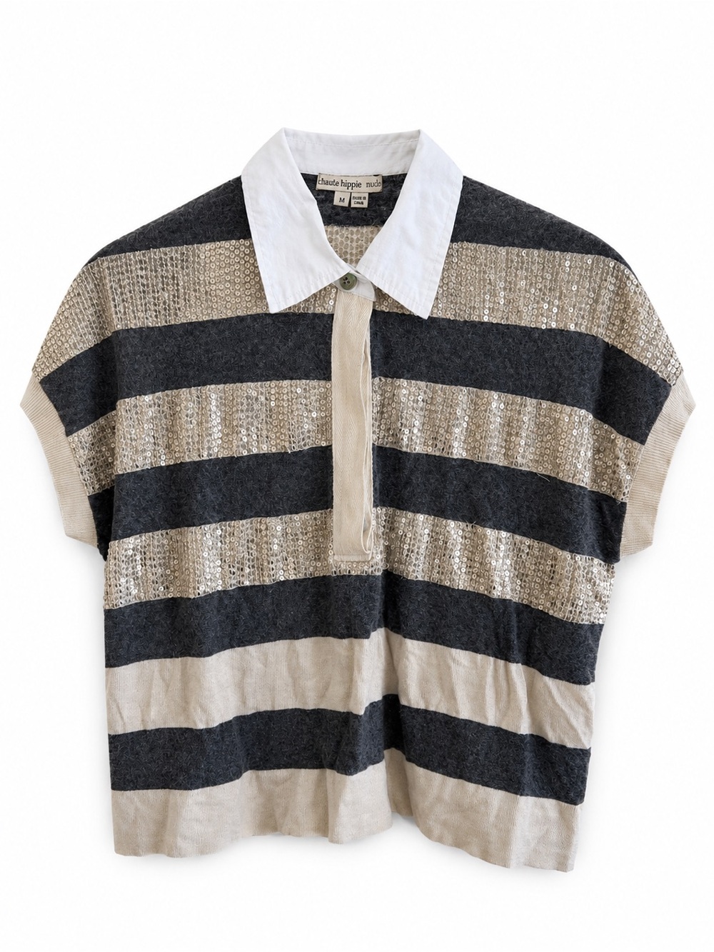 Haute Hippie Nude Striped Sequin Silk-Cashmere Knit Polo Top Size M
